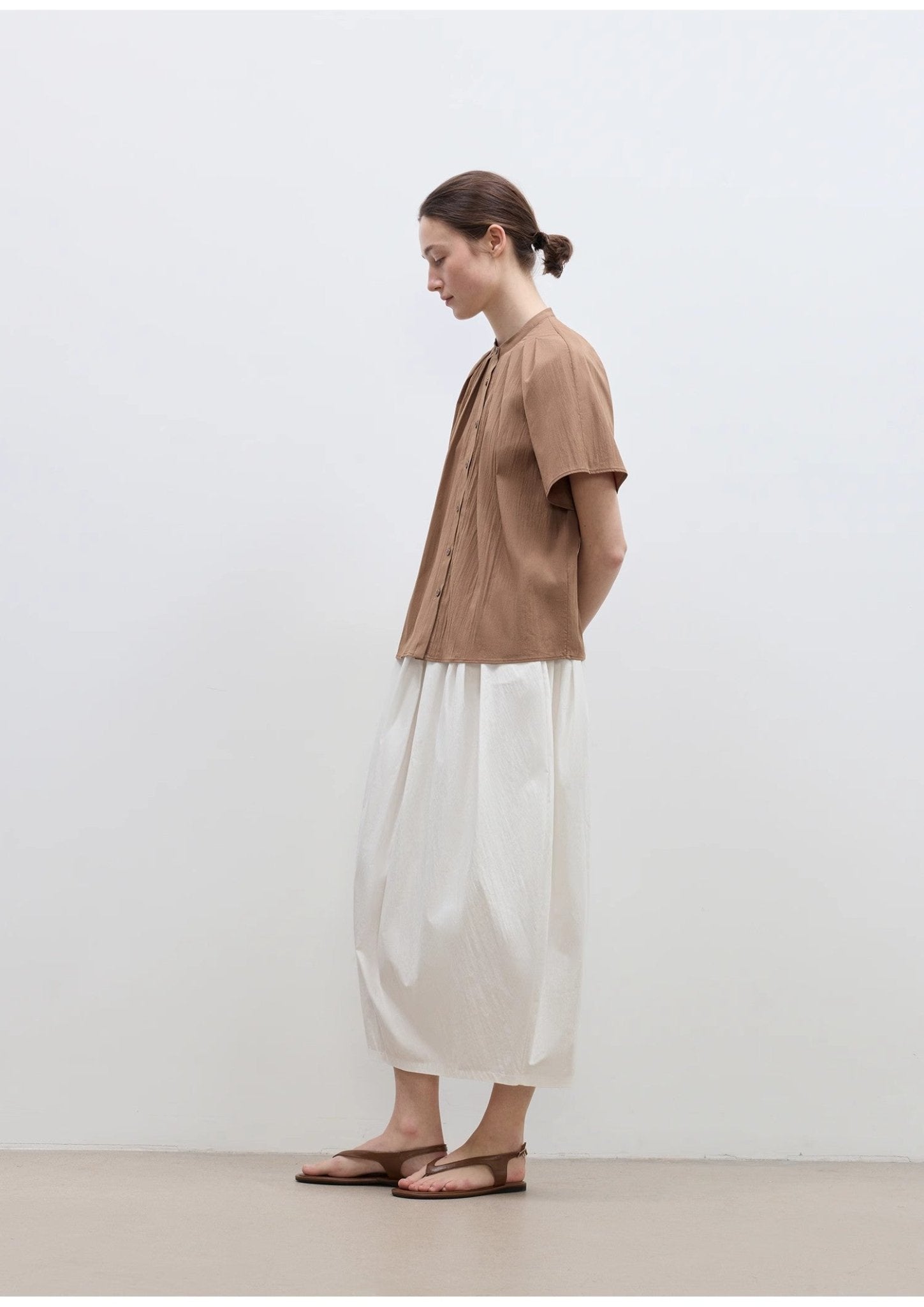 "Silent Island" Stand - up collar pleated short - sleeved shirt women's casual top - variant_title