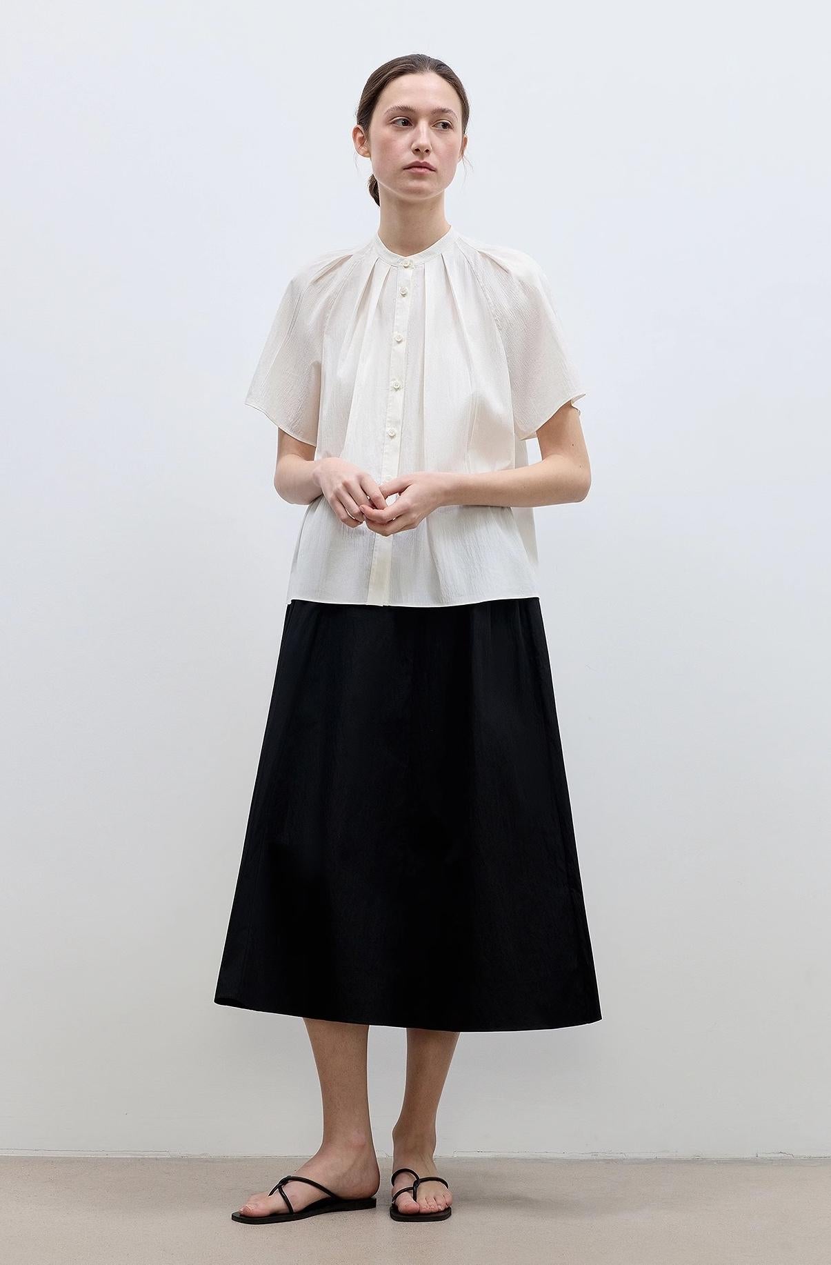 "Silent Island" Stand - up collar pleated short - sleeved shirt women's casual top - variant_title