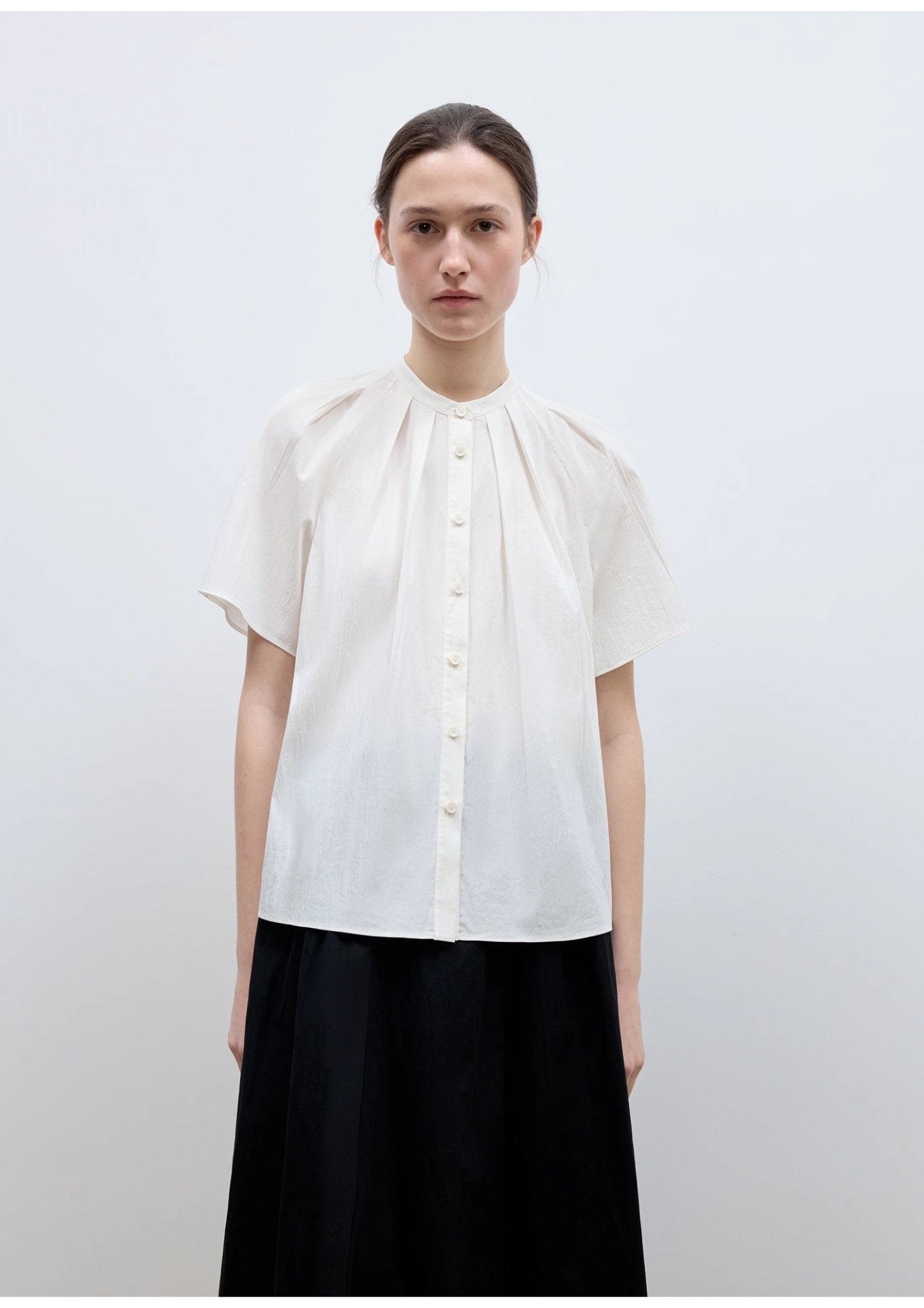 "Silent Island" Stand - up collar pleated short - sleeved shirt women's casual top - variant_title