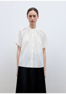 "Silent Island" Stand - up collar pleated short - sleeved shirt women's casual top - variant_title