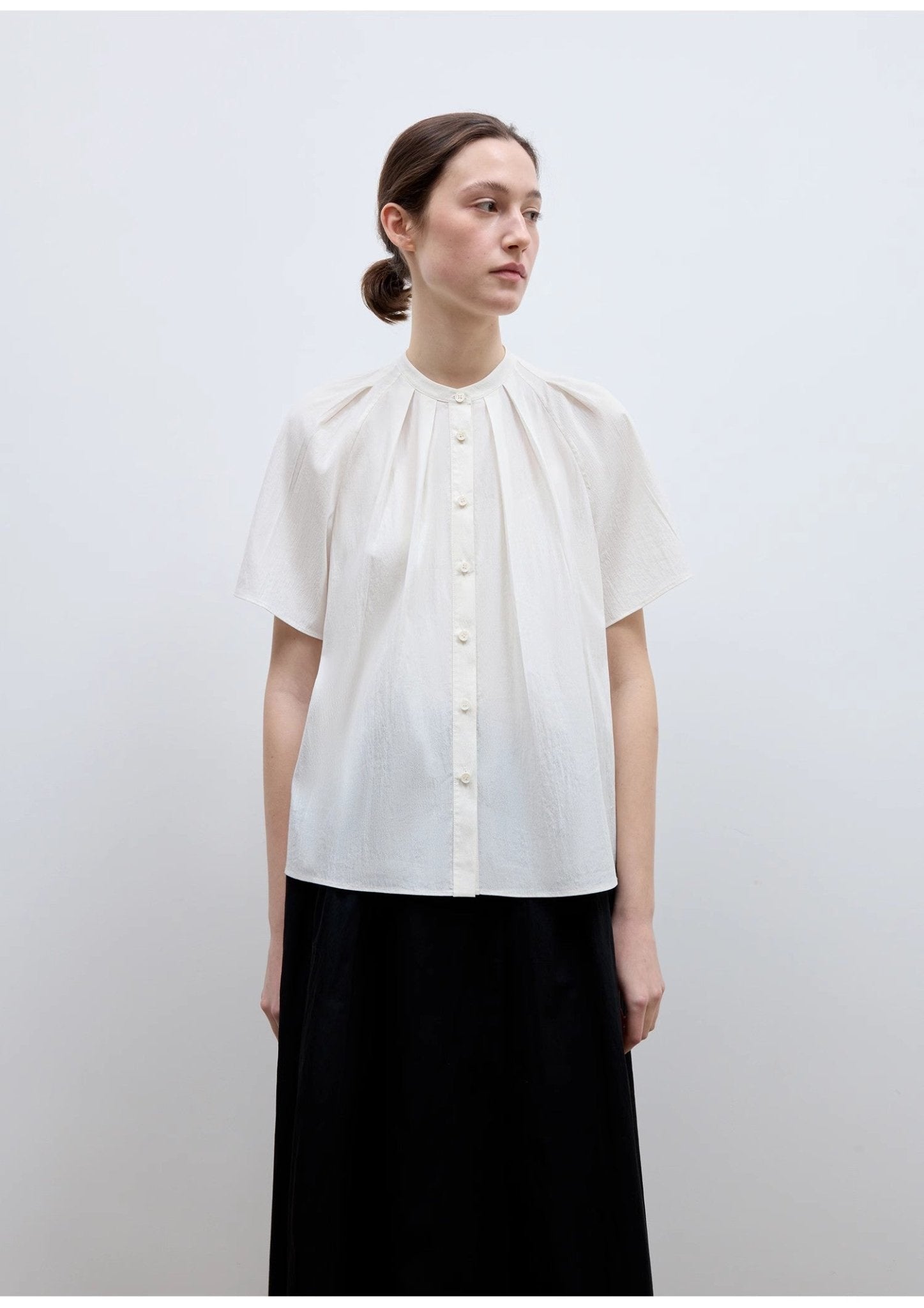 "Silent Island" Stand - up collar pleated short - sleeved shirt women's casual top - variant_title