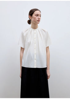 "Silent Island" Stand - up collar pleated short - sleeved shirt women's casual top - variant_title