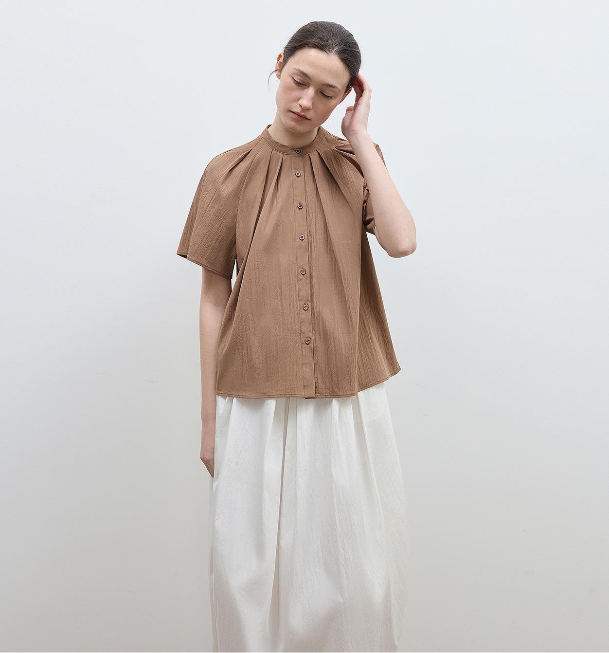 "Silent Island" Stand - up collar pleated short - sleeved shirt women's casual top - variant_title