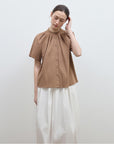 "Silent Island" Stand - up collar pleated short - sleeved shirt women's casual top - variant_title