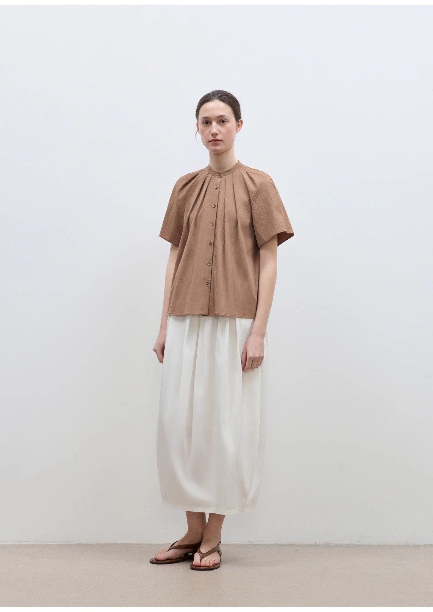 "Silent Island" Stand - up collar pleated short - sleeved shirt women's casual top - variant_title