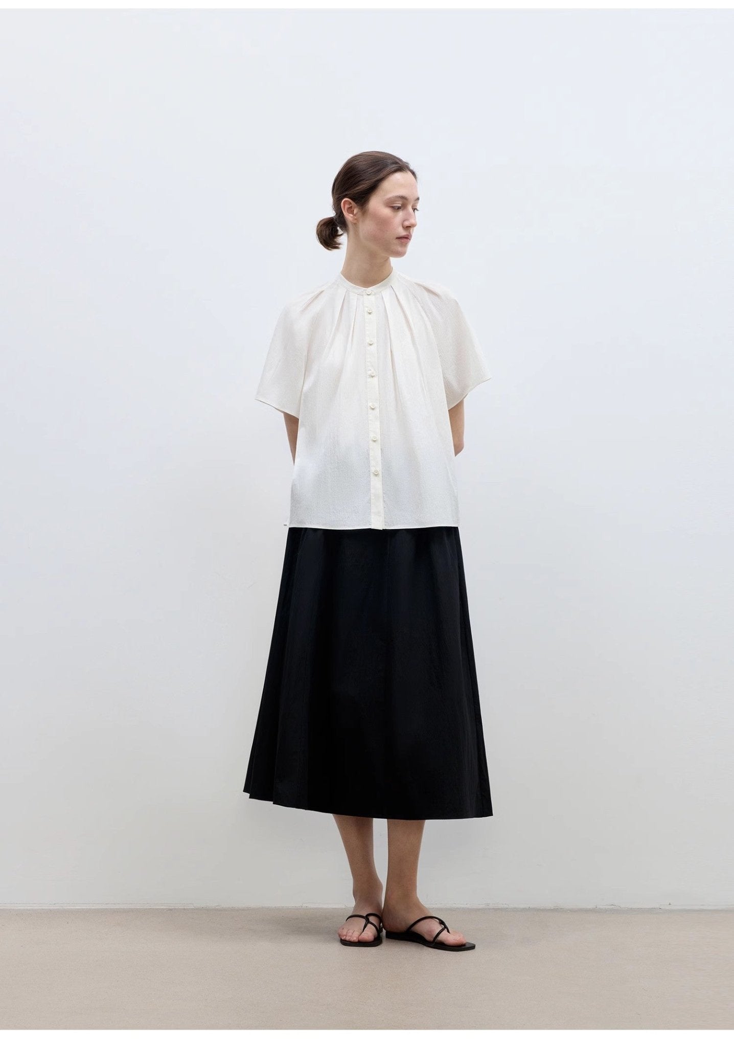 "Silent Island" Stand - up collar pleated short - sleeved shirt women's casual top - variant_title