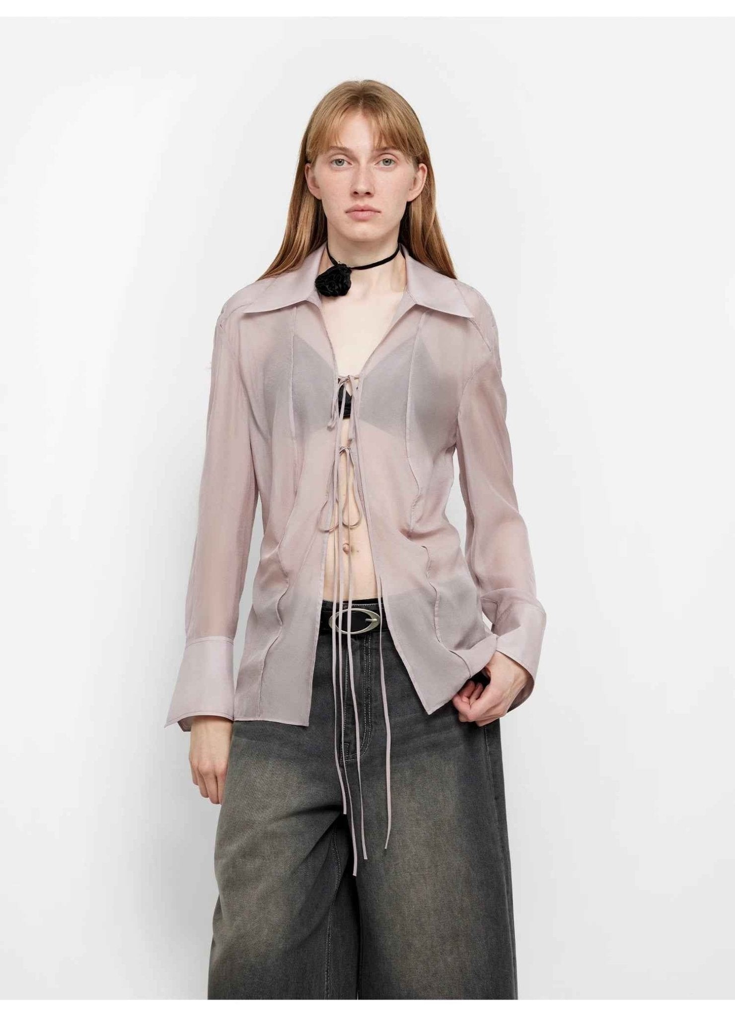 Silk Chiffon Light and Hazy Feeling Cool Drape Lace - up Sun Protection Shirt Summer "Hazy Moonlight" - variant_title
