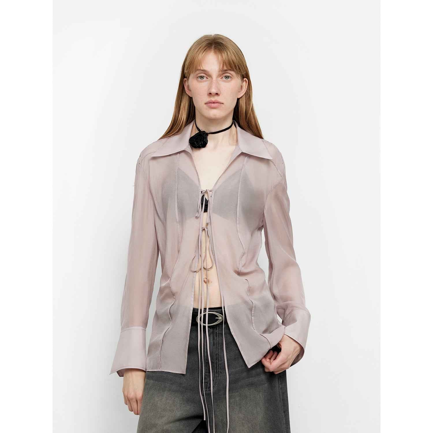 Silk Chiffon Light and Hazy Feeling Cool Drape Lace - up Sun Protection Shirt Summer "Hazy Moonlight" - variant_title