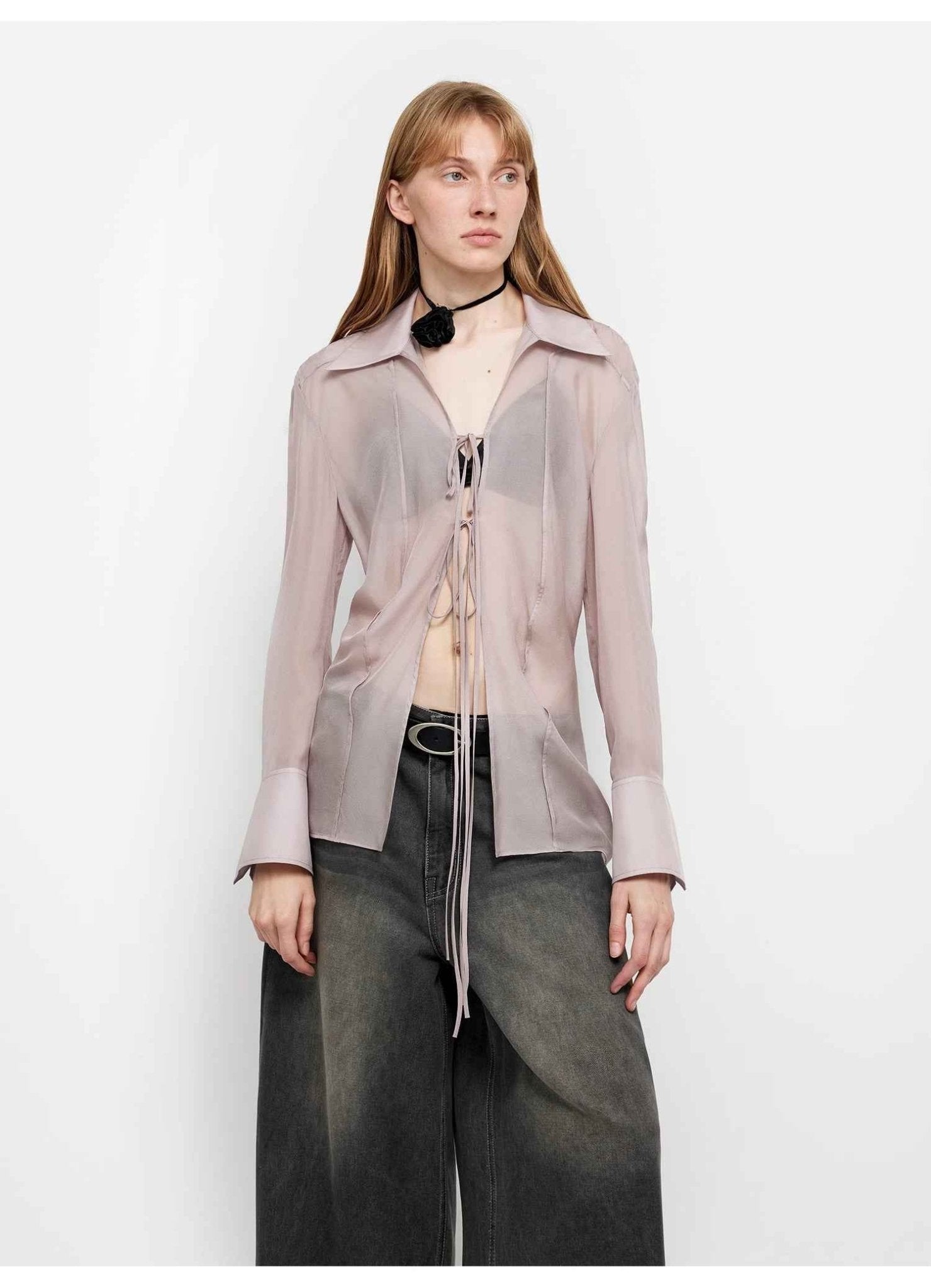 Silk Chiffon Light and Hazy Feeling Cool Drape Lace - up Sun Protection Shirt Summer "Hazy Moonlight" - variant_title
