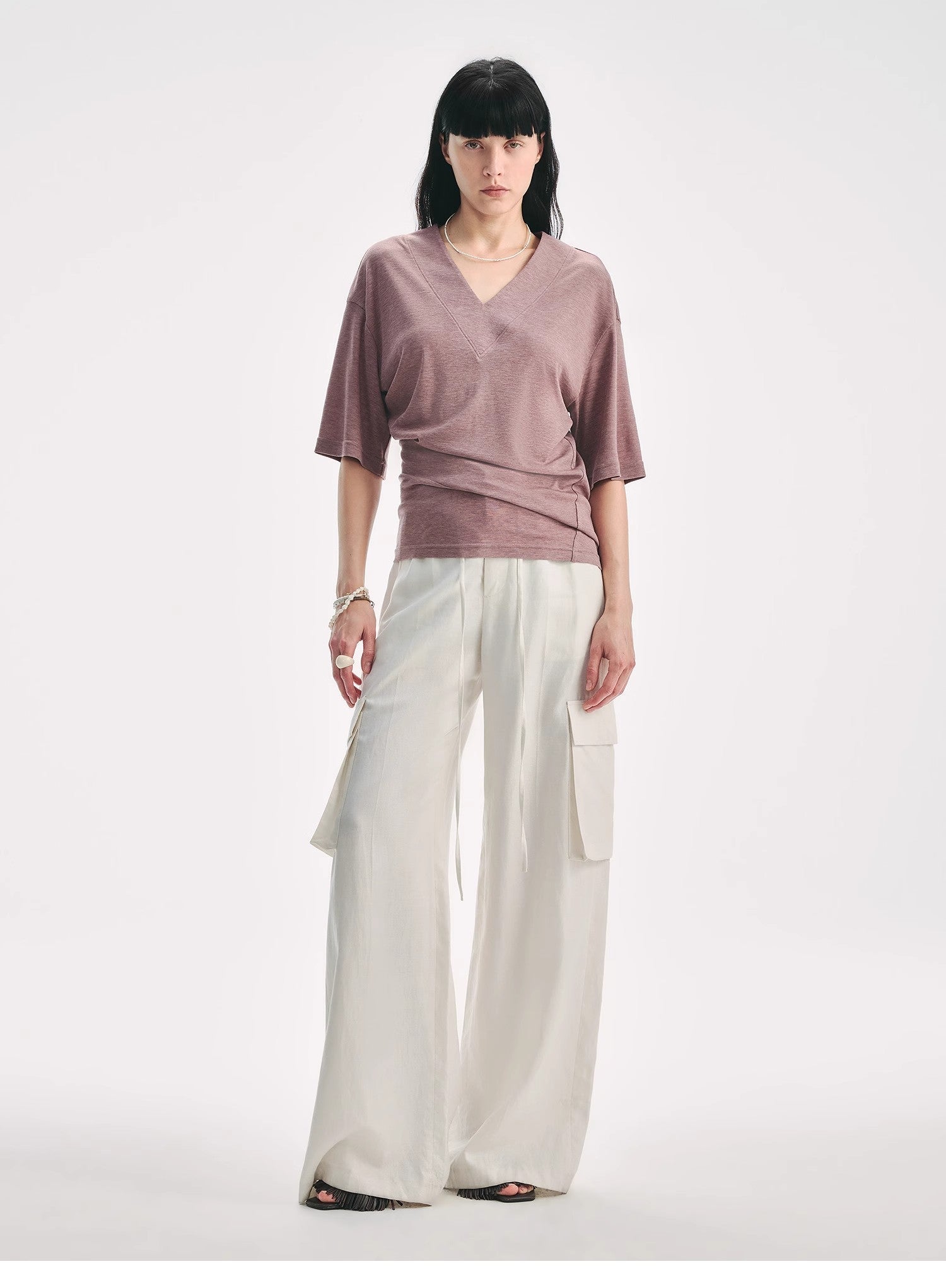 Silk Tencel blended pleated V - neck loose dropped shoulder T-shirt"Inspiration Bag" - variant_title