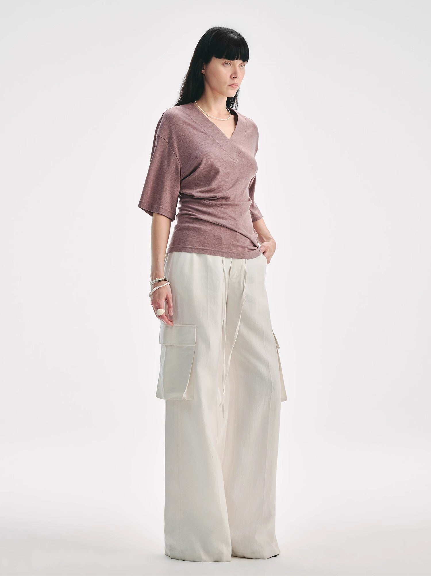 Silk Tencel blended pleated V - neck loose dropped shoulder T-shirt"Inspiration Bag" - variant_title