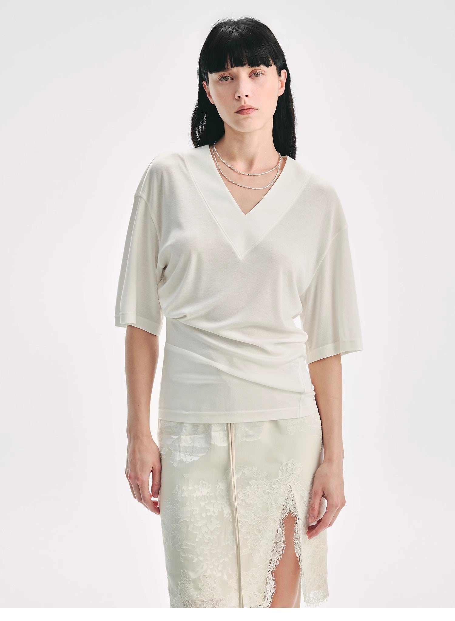 Silk Tencel blended pleated V - neck loose dropped shoulder T-shirt"Inspiration Bag" - variant_title