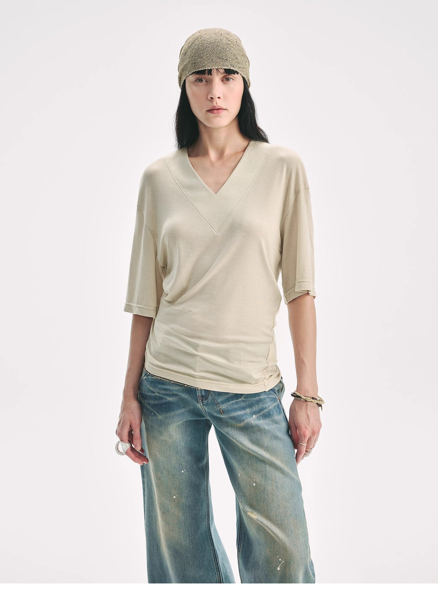 Silk Tencel blended pleated V - neck loose dropped shoulder T-shirt"Inspiration Bag" - variant_title