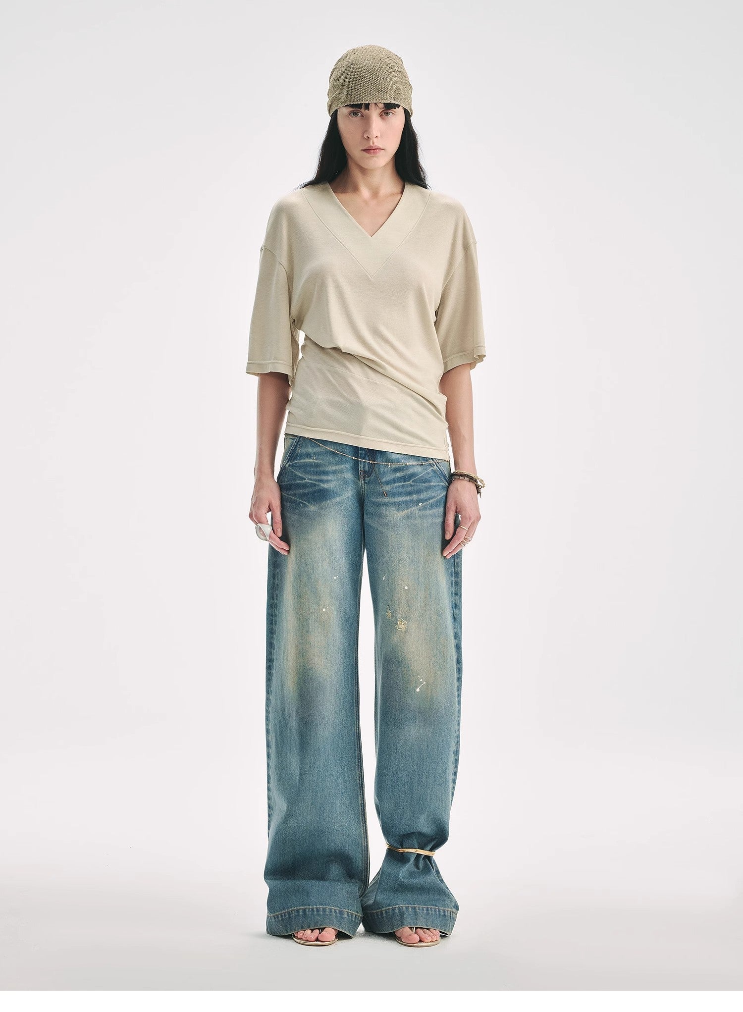 Silk Tencel blended pleated V - neck loose dropped shoulder T-shirt"Inspiration Bag" - variant_title