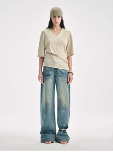 Silk Tencel blended pleated V - neck loose dropped shoulder T-shirt"Inspiration Bag" - variant_title