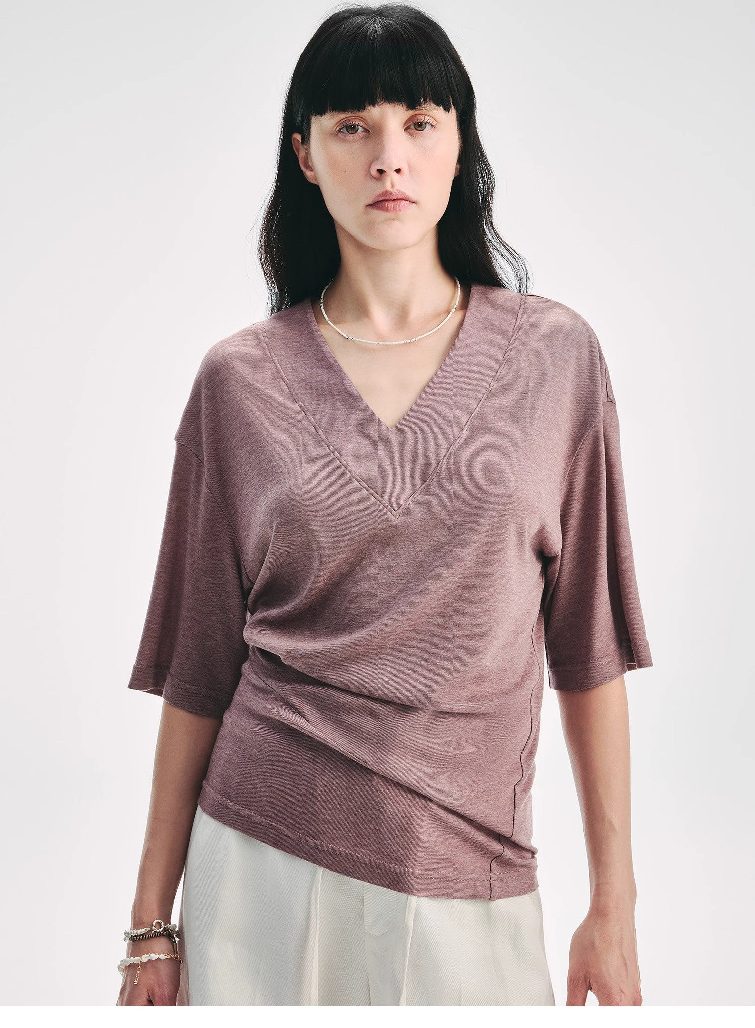 Silk Tencel blended pleated V - neck loose dropped shoulder T-shirt"Inspiration Bag" - variant_title