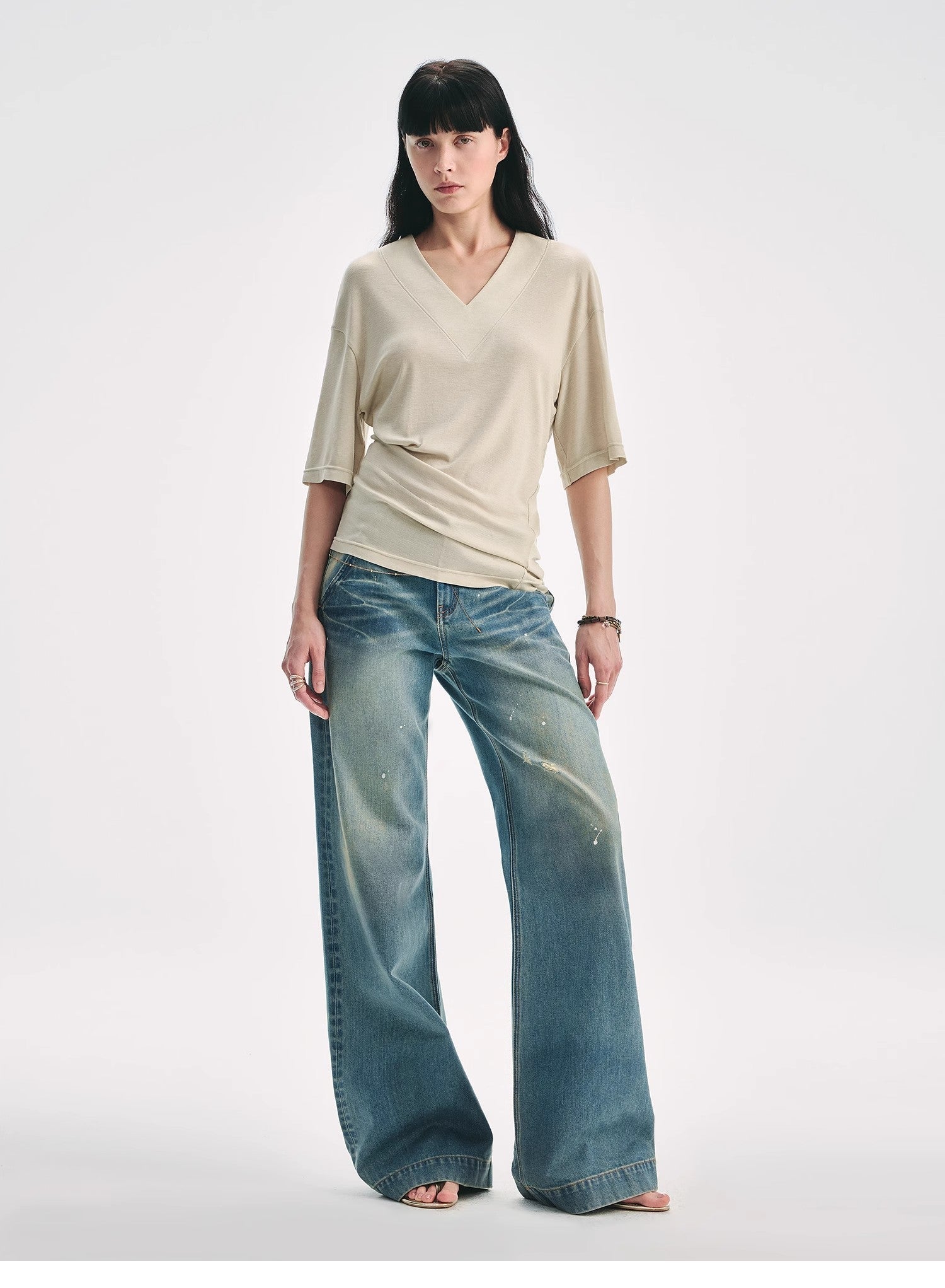 Silk Tencel blended pleated V - neck loose dropped shoulder T-shirt"Inspiration Bag" - variant_title
