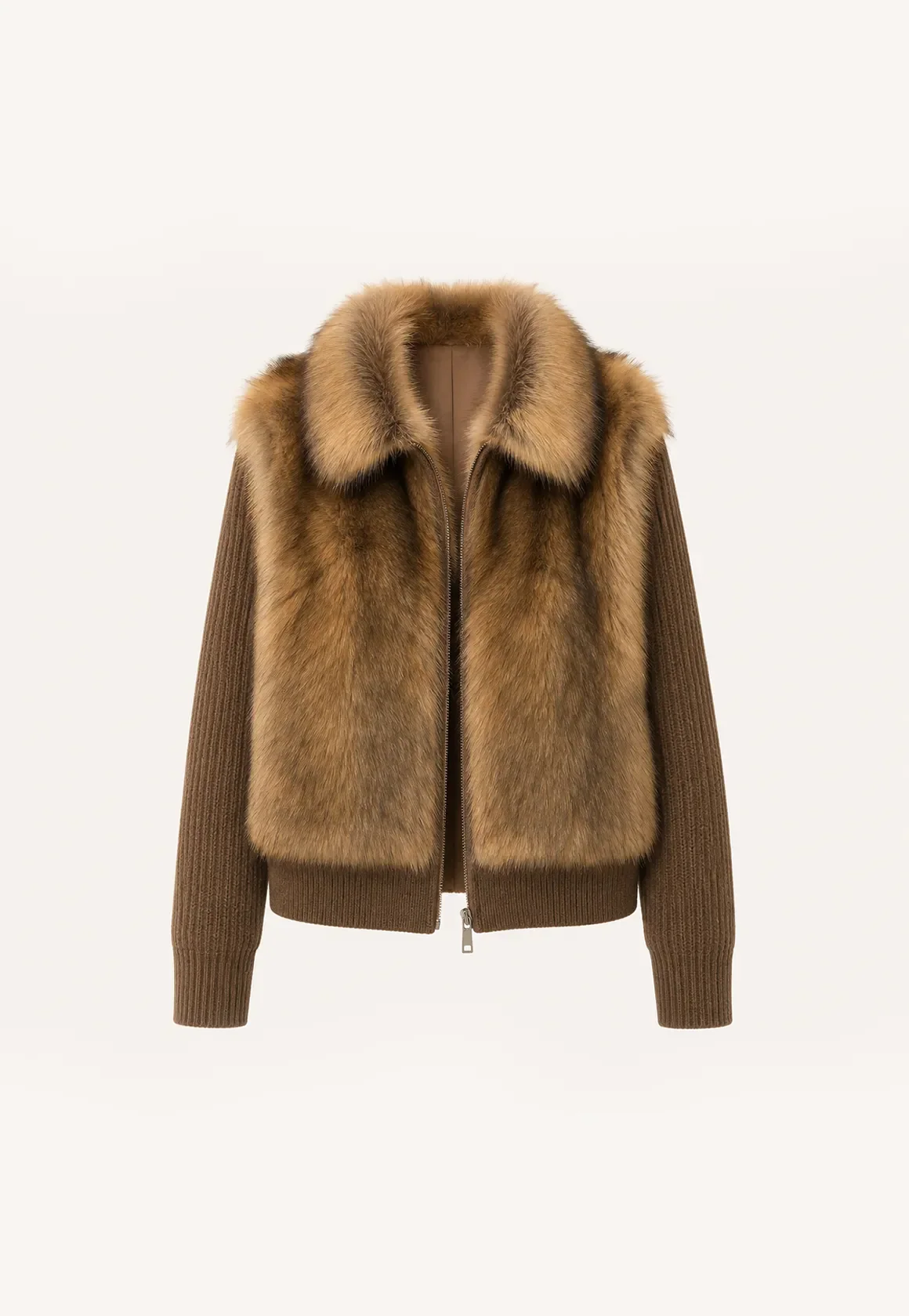 Silky Cocoa amber brown shearling coat with detachable sleeves, front product view