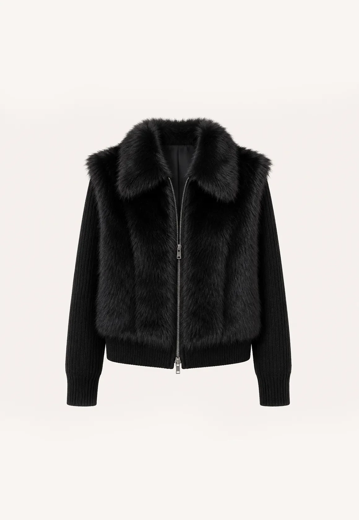 Silky Cocoa black shearling coat with detachable sleeves, front product view