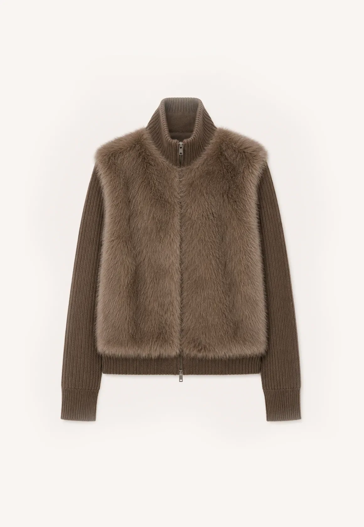 Silky Cocoa cocoa brown shearling coat with detachable sleeves, front product view