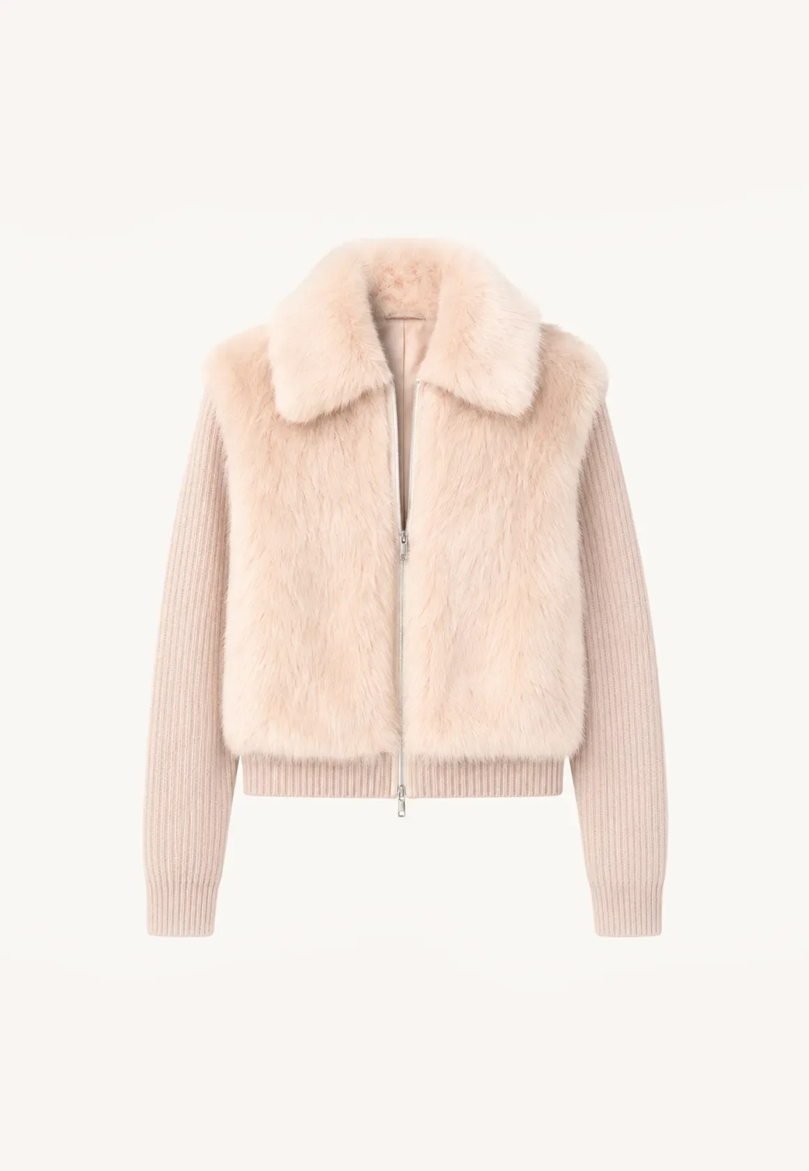 Silky Cocoa dusty pink shearling coat with detachable sleeves, front product view