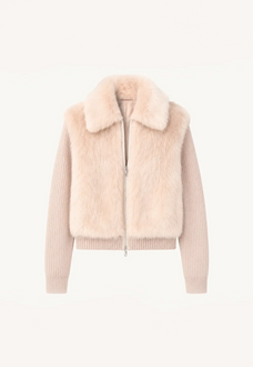 Silky Cocoa dusty pink shearling coat with detachable sleeves, front product view