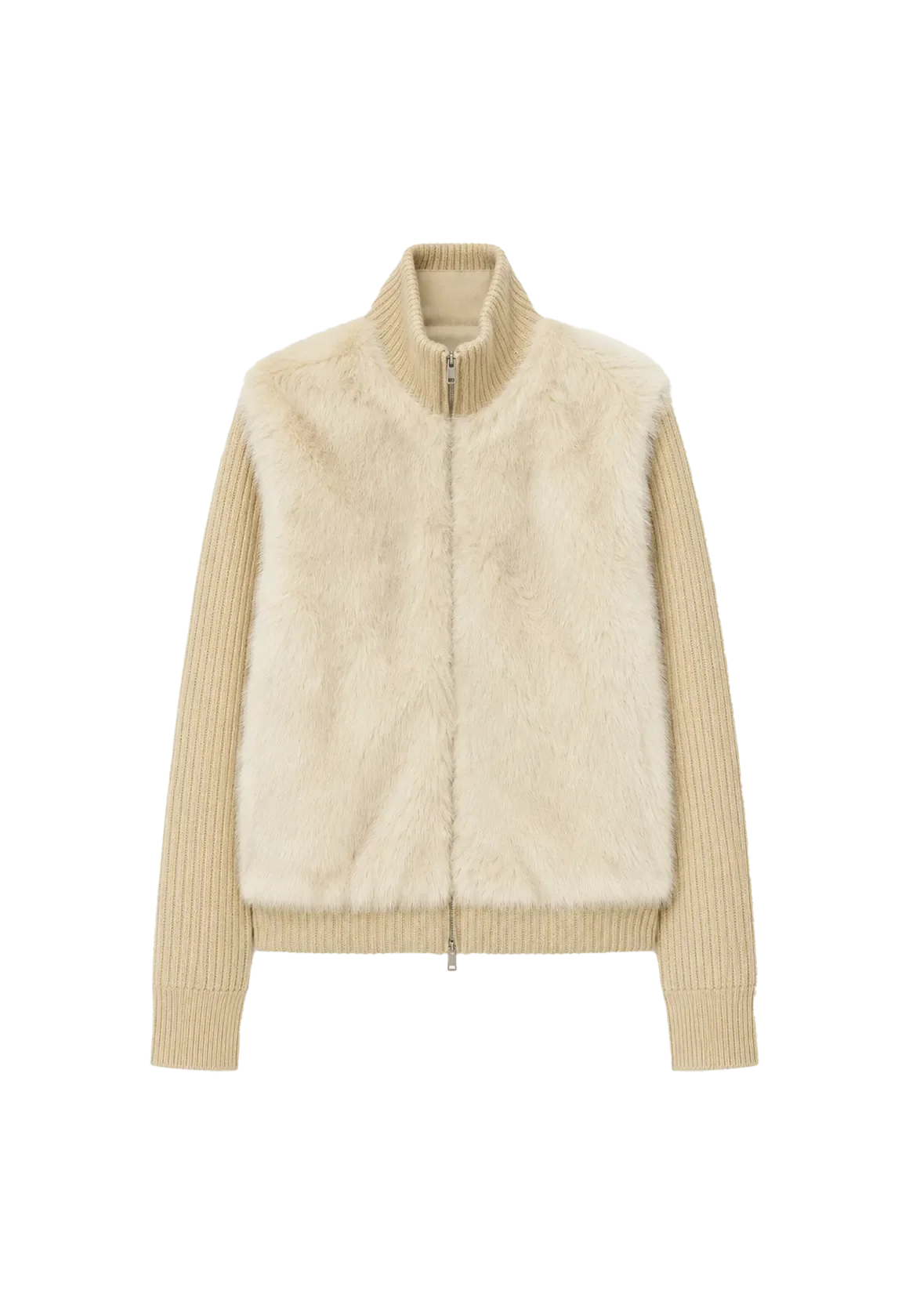 Silky Cocoa wheat field shearling coat with detachable sleeves, front product view