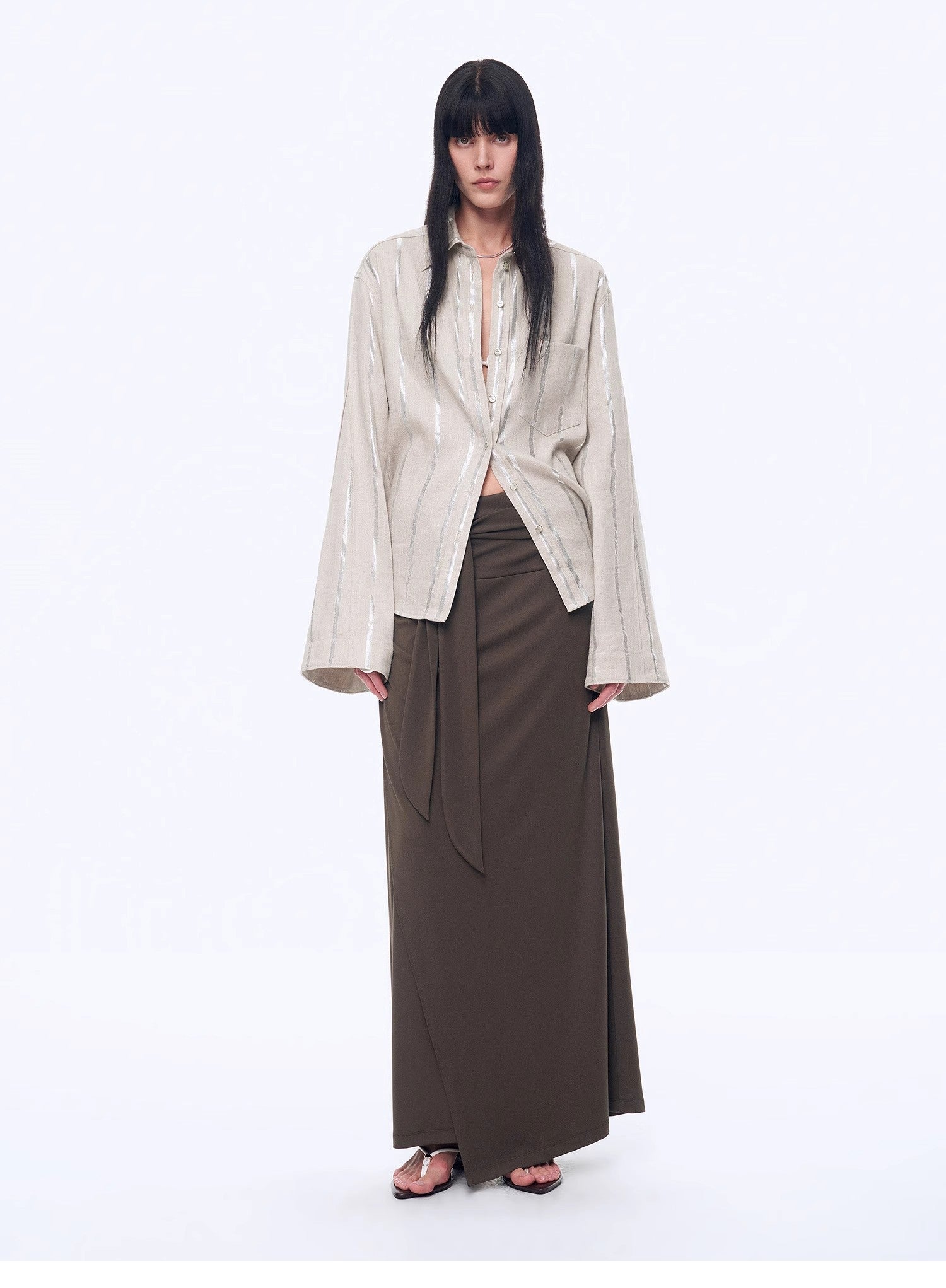 Silver Stripe Trumpet Sleeve Linen Cropped Shirt"Anonymous Letter" - variant_title