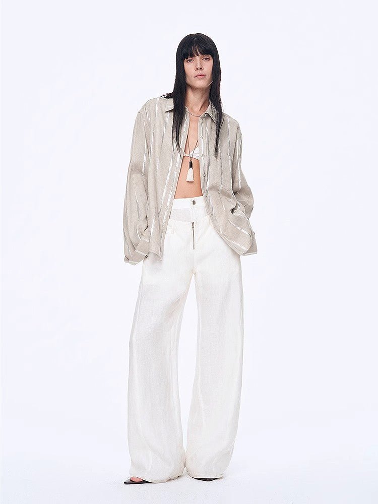 Silver Stripe Trumpet Sleeve Linen Cropped Shirt"Anonymous Letter" - variant_title