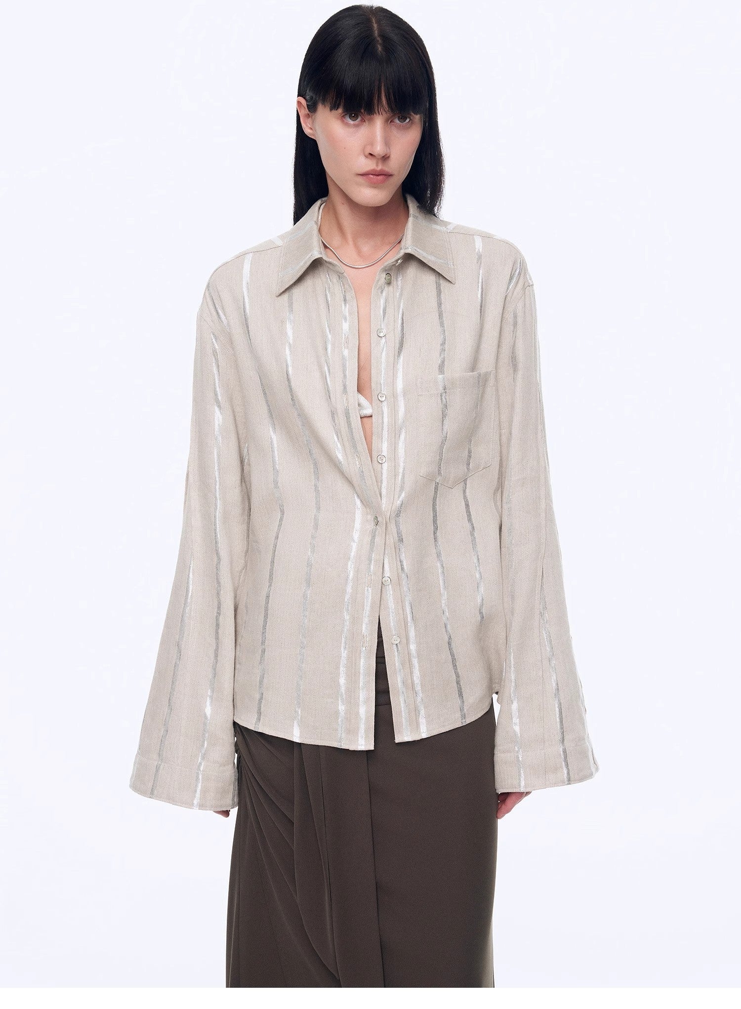 Silver Stripe Trumpet Sleeve Linen Cropped Shirt"Anonymous Letter" - variant_title