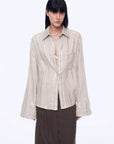 Silver Stripe Trumpet Sleeve Linen Cropped Shirt"Anonymous Letter" - variant_title