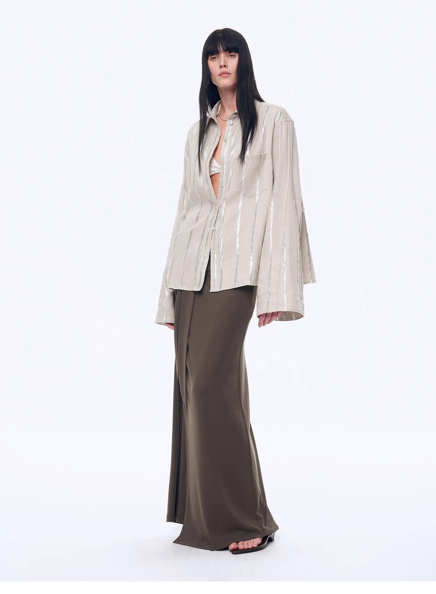Silver Stripe Trumpet Sleeve Linen Cropped Shirt"Anonymous Letter" - variant_title