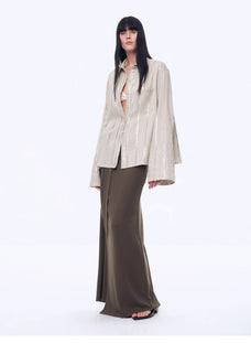 Silver Stripe Trumpet Sleeve Linen Cropped Shirt"Anonymous Letter" - variant_title