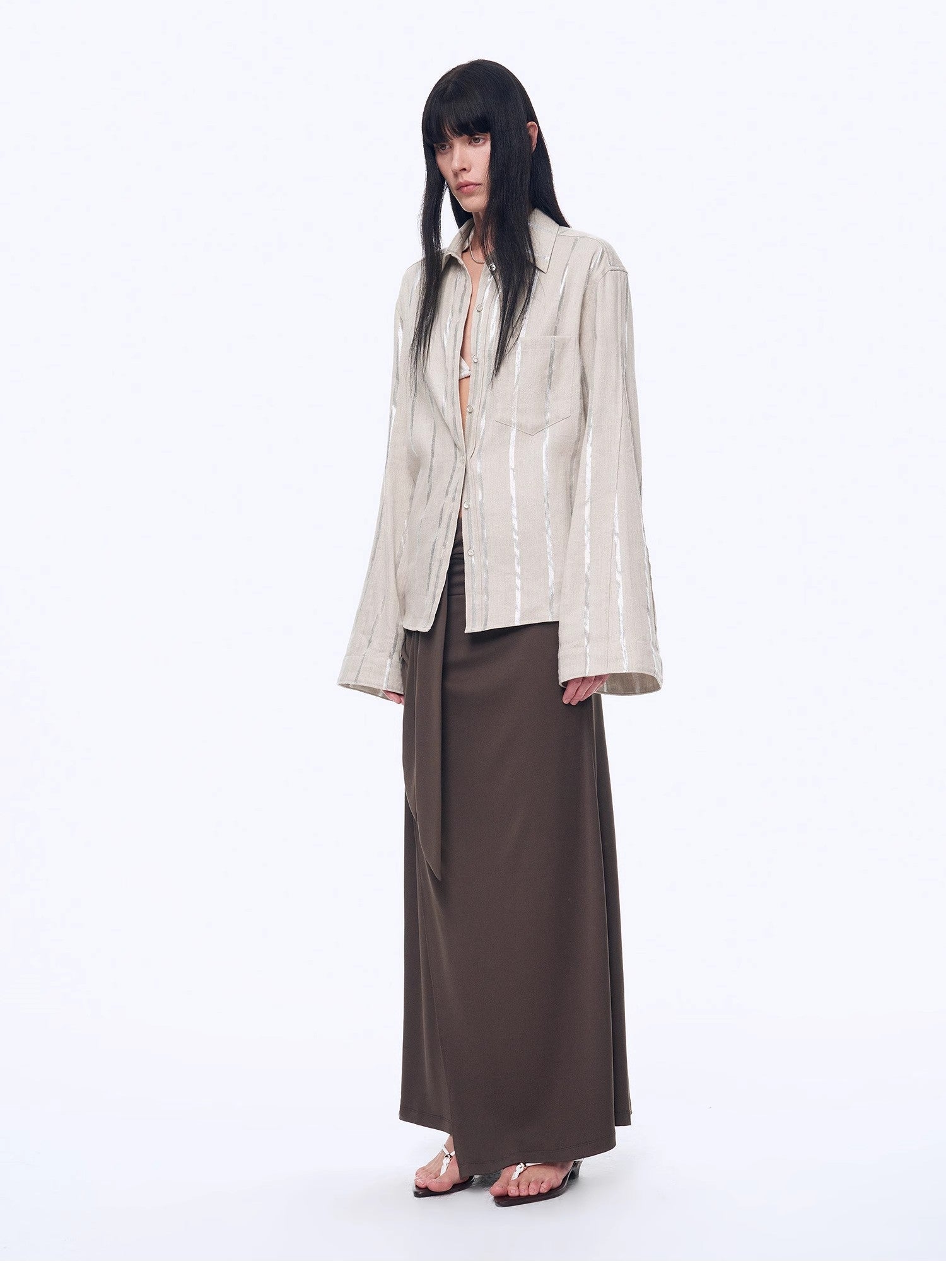 Silver Stripe Trumpet Sleeve Linen Cropped Shirt"Anonymous Letter" - variant_title