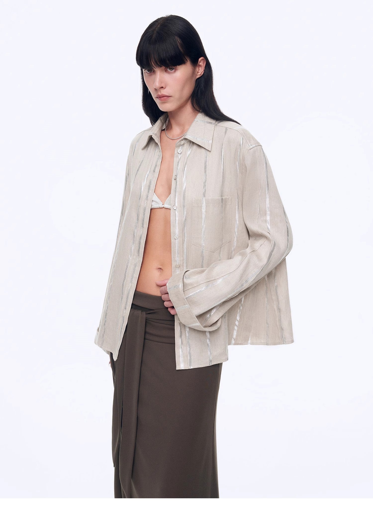 Silver Stripe Trumpet Sleeve Linen Cropped Shirt"Anonymous Letter" - variant_title