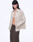 Silver Stripe Trumpet Sleeve Linen Cropped Shirt"Anonymous Letter" - variant_title