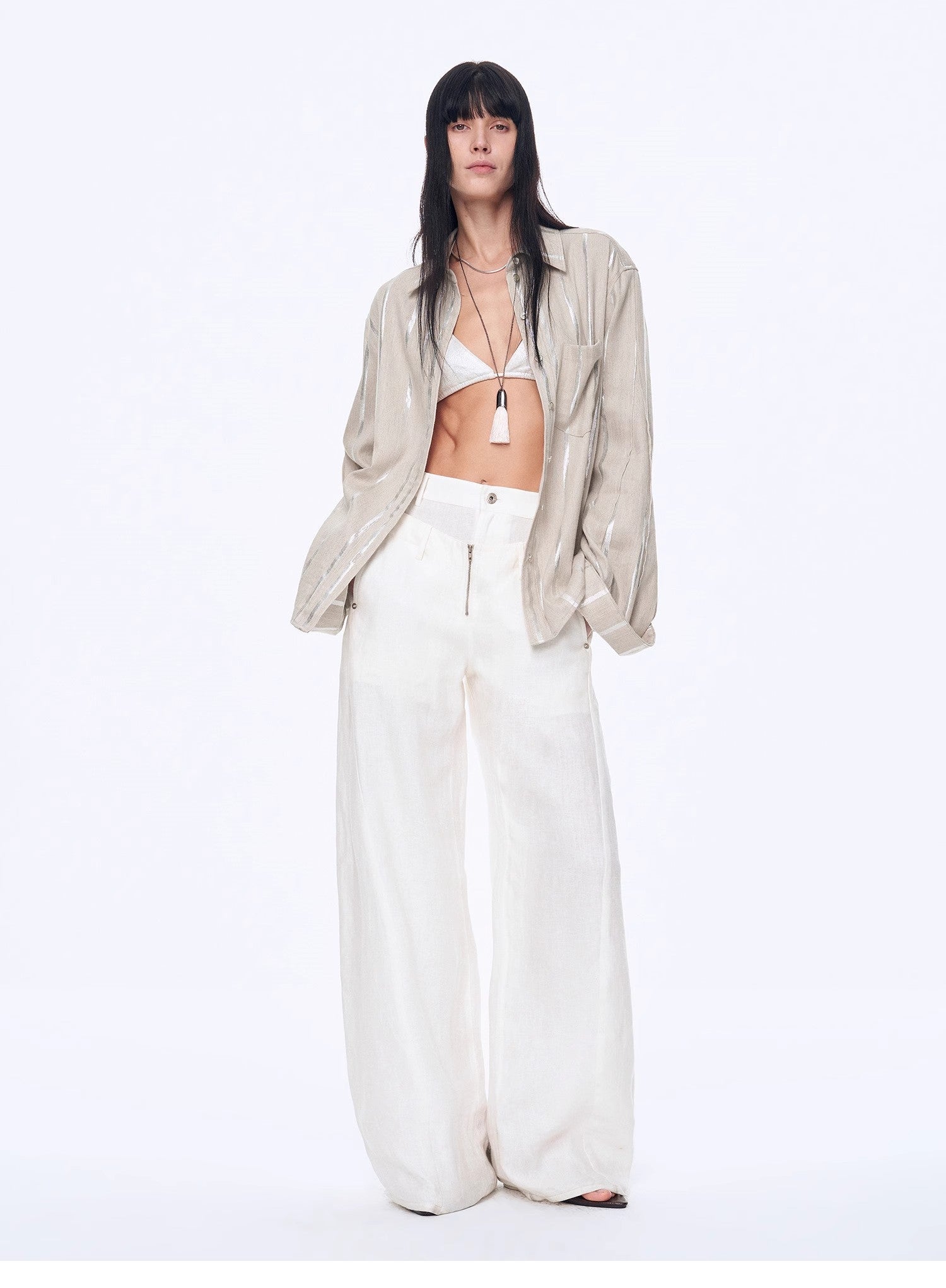Silver Stripe Trumpet Sleeve Linen Cropped Shirt"Anonymous Letter" - variant_title
