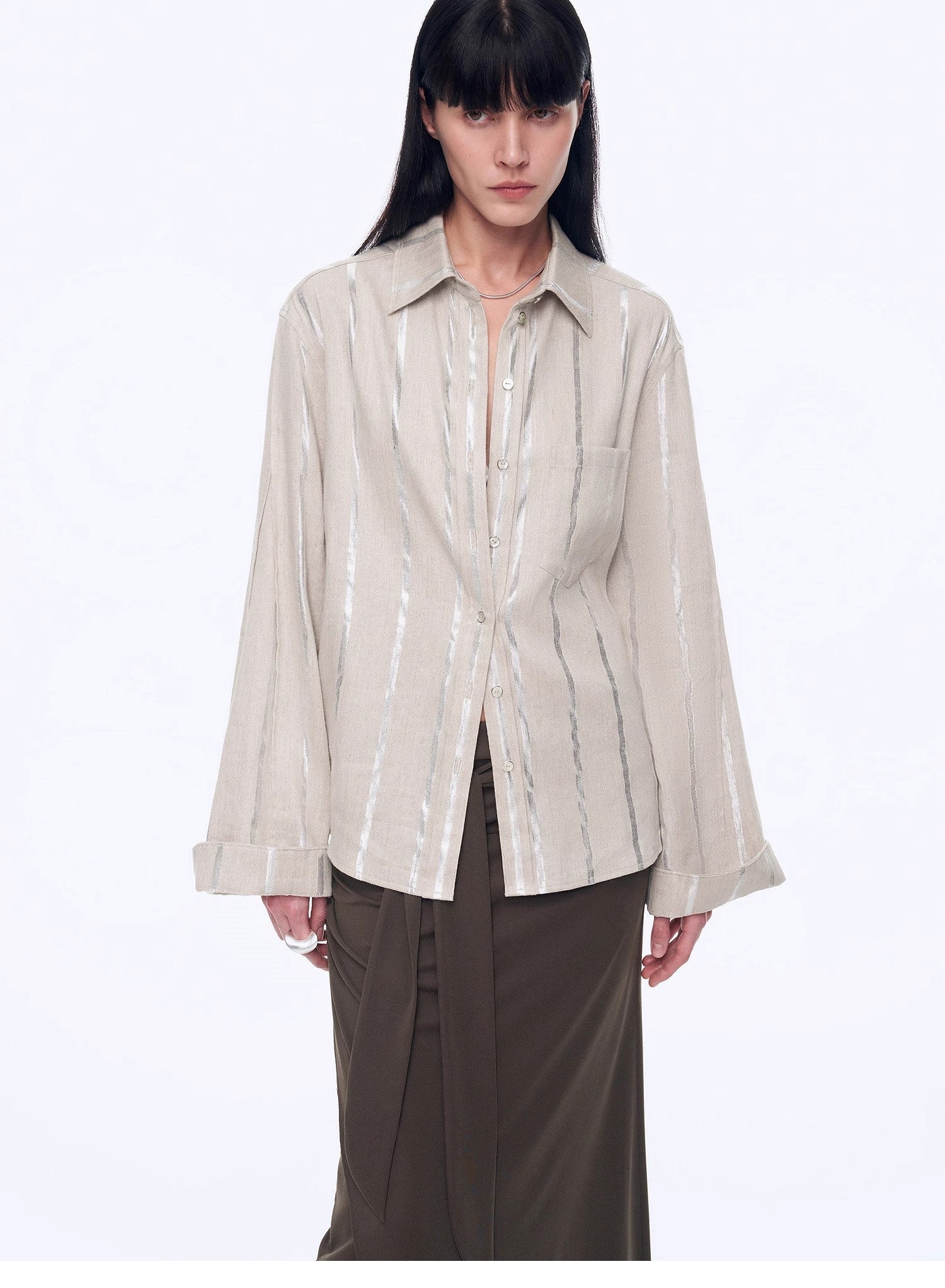 Silver Stripe Trumpet Sleeve Linen Cropped Shirt"Anonymous Letter" - variant_title