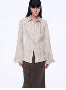 Silver Stripe Trumpet Sleeve Linen Cropped Shirt"Anonymous Letter" - variant_title