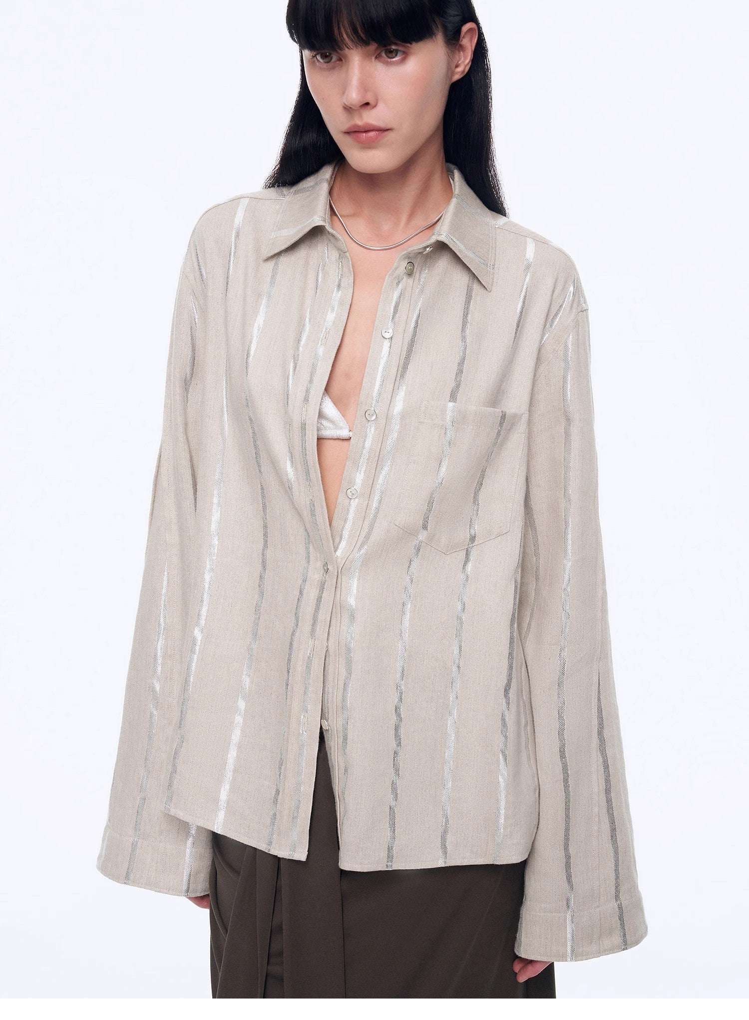 Silver Stripe Trumpet Sleeve Linen Cropped Shirt"Anonymous Letter" - variant_title