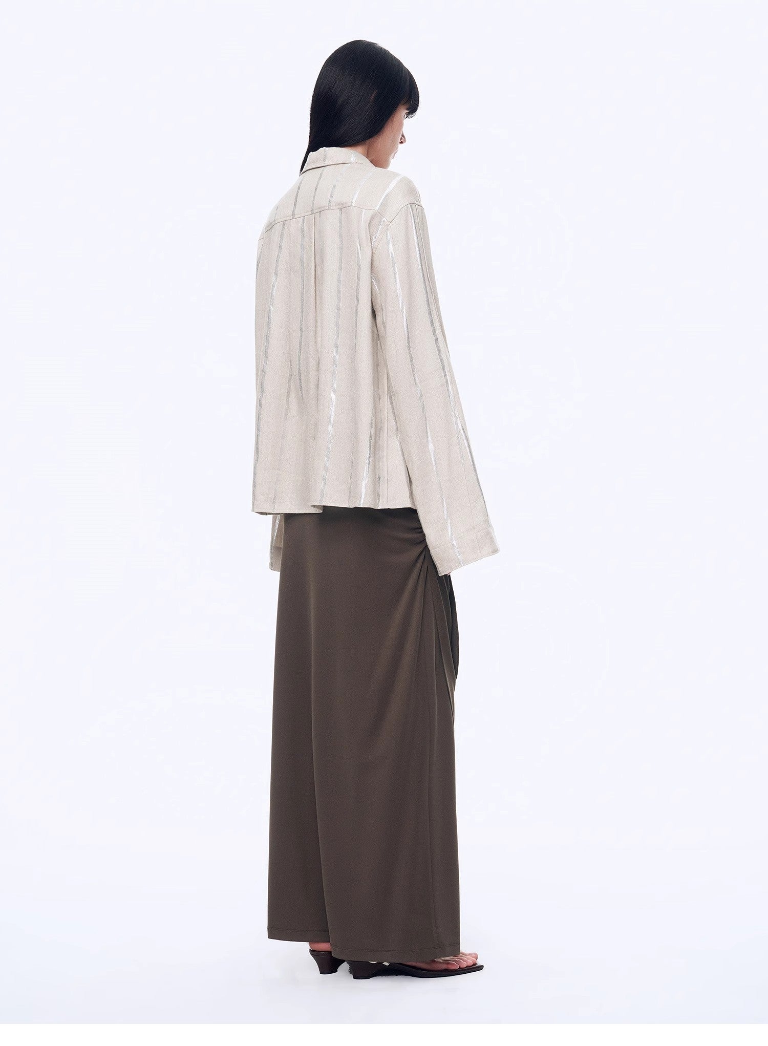 Silver Stripe Trumpet Sleeve Linen Cropped Shirt"Anonymous Letter" - variant_title