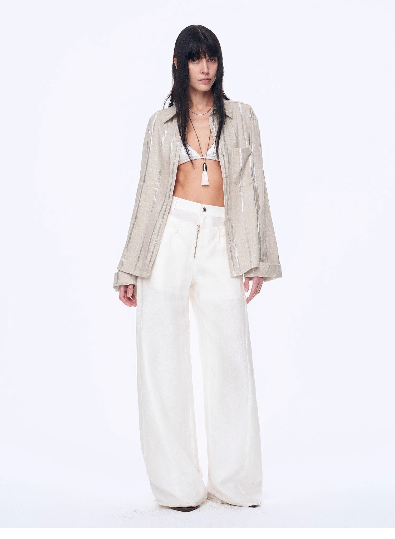 Silver Stripe Trumpet Sleeve Linen Cropped Shirt"Anonymous Letter" - variant_title