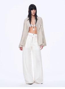 Silver Stripe Trumpet Sleeve Linen Cropped Shirt"Anonymous Letter" - variant_title