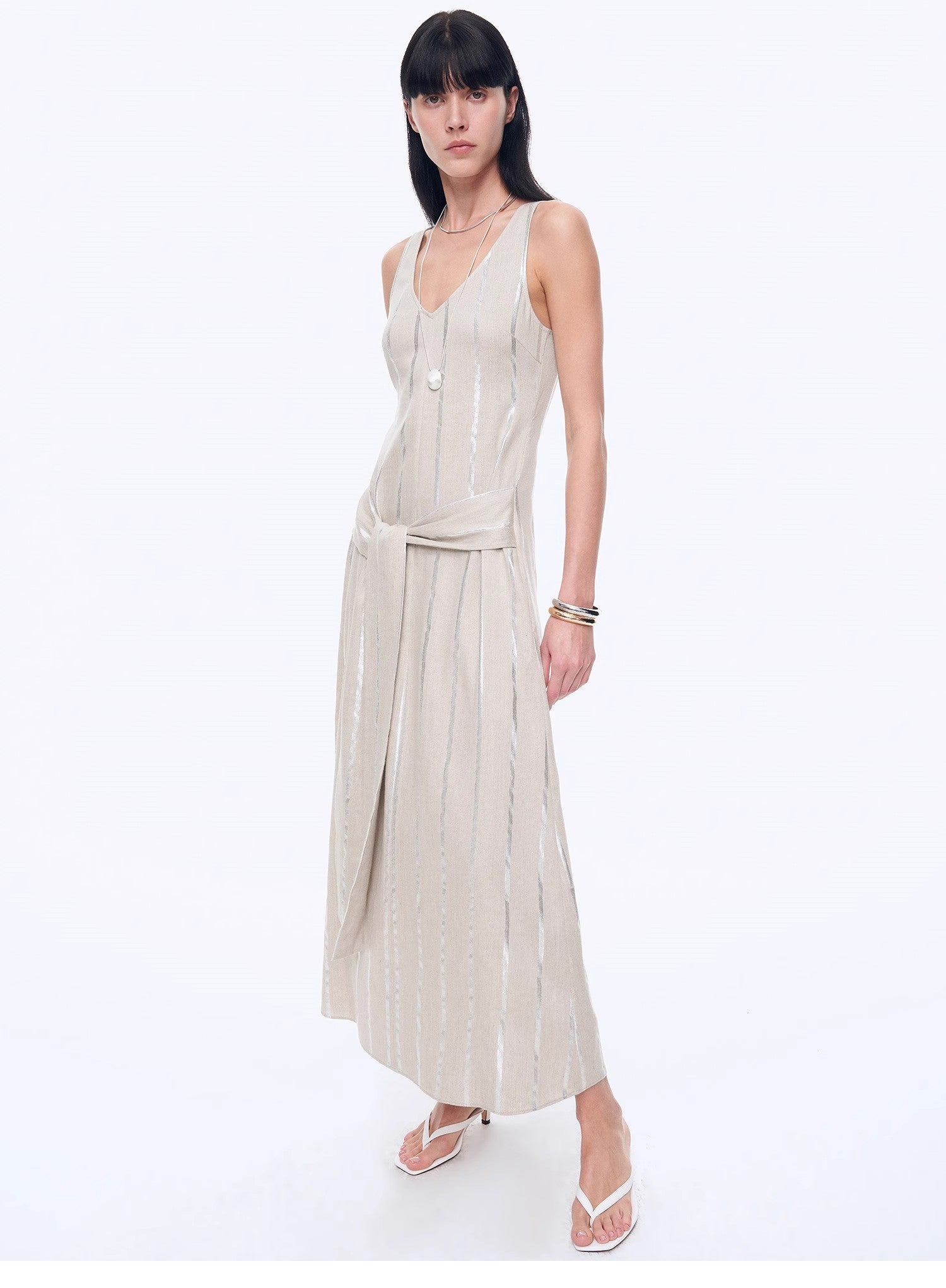 Silver Striped Linen V - Neck Drape Dress"Milan Holiday" - variant_title