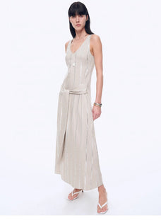 Silver Striped Linen V - Neck Drape Dress"Milan Holiday" - variant_title