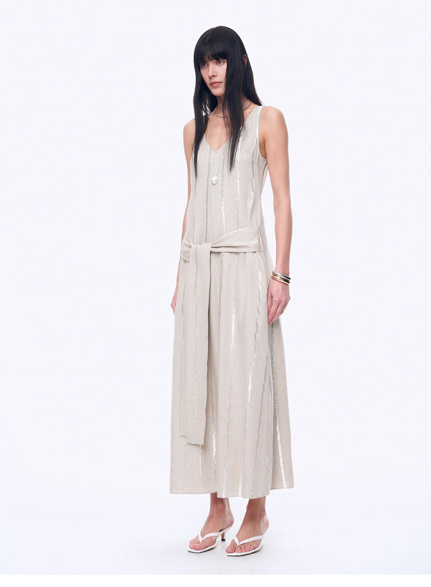 Silver Striped Linen V - Neck Drape Dress"Milan Holiday" - variant_title