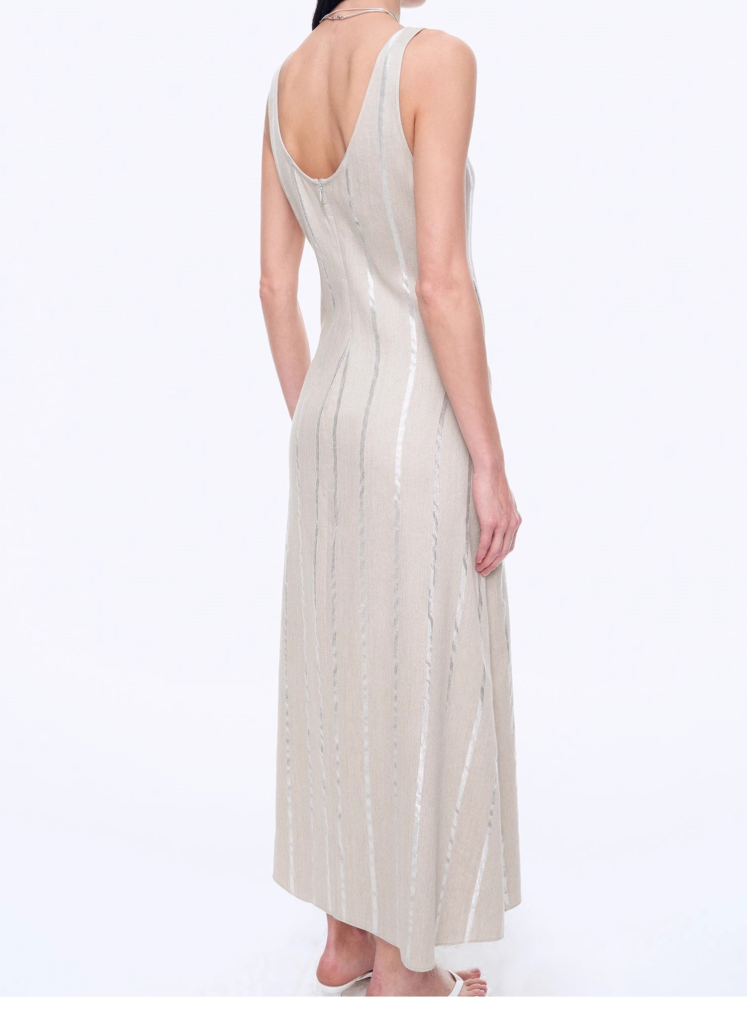 Silver Striped Linen V - Neck Drape Dress"Milan Holiday" - variant_title