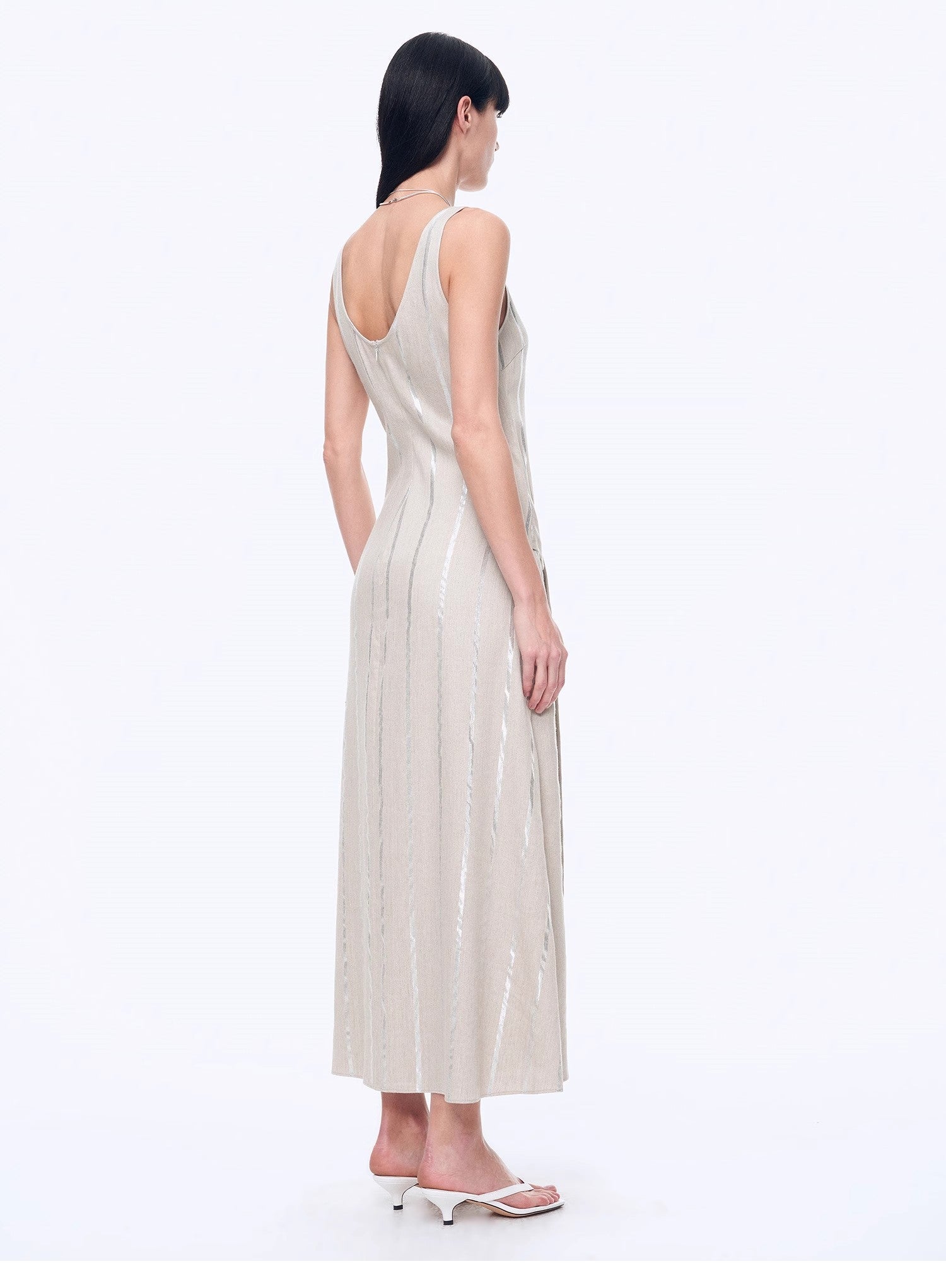 Silver Striped Linen V - Neck Drape Dress"Milan Holiday" - variant_title