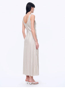 Silver Striped Linen V - Neck Drape Dress"Milan Holiday" - variant_title