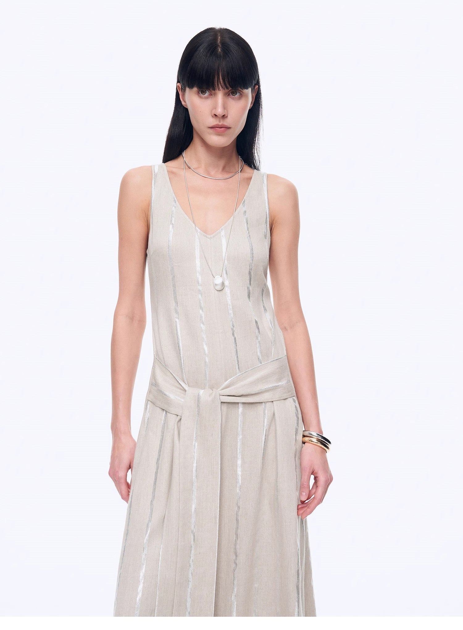 Silver Striped Linen V - Neck Drape Dress"Milan Holiday" - variant_title